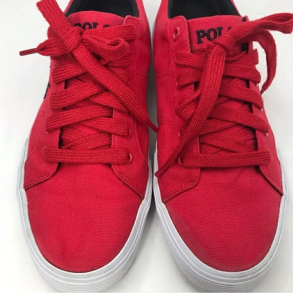 Polo Ralph Lauren Red Canvas Lace Up Deck Boat Shoes with Black Logo